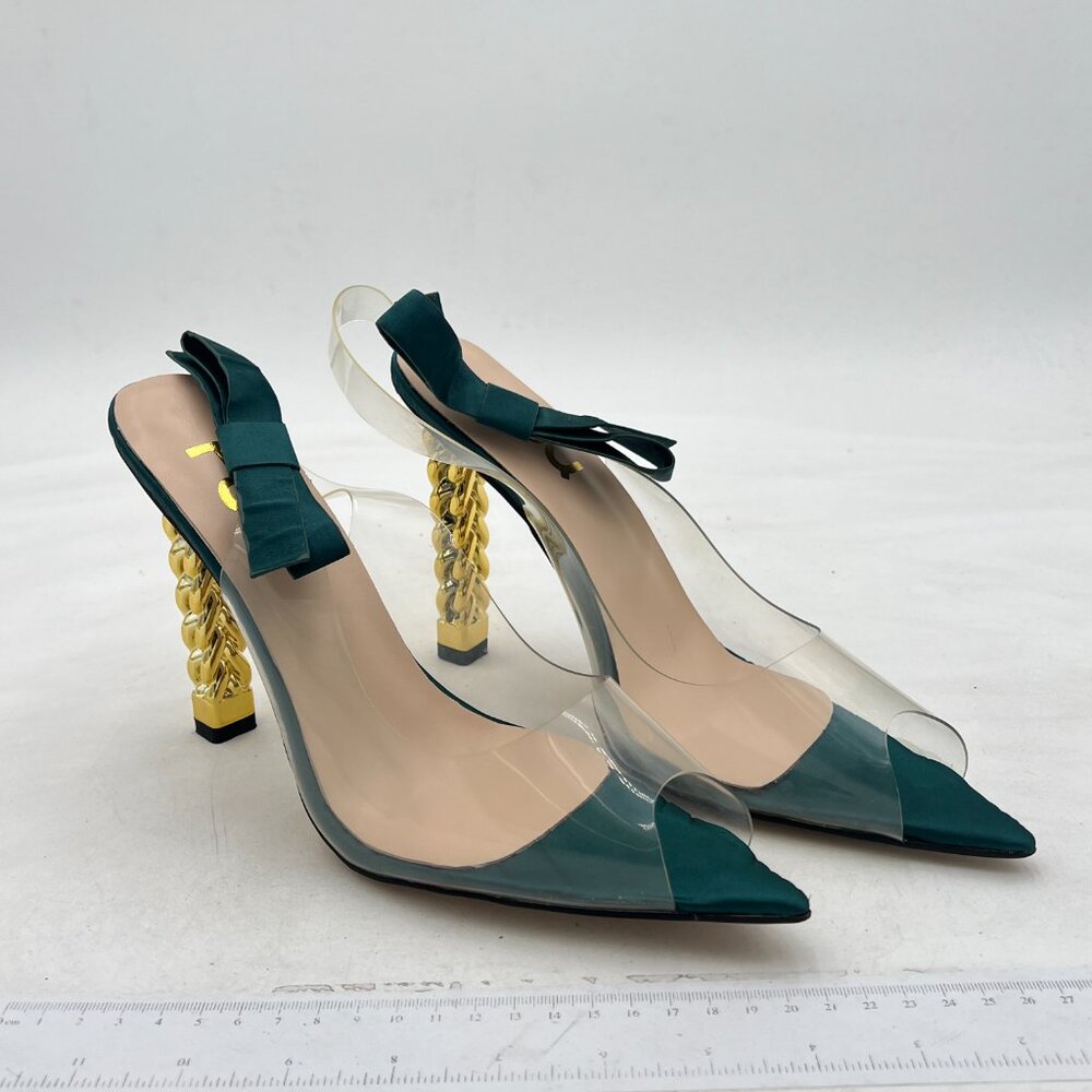 FSJ Green Clear Peep Toe PVC Slingback Metal Chain High Heel Party Dress Sandal
